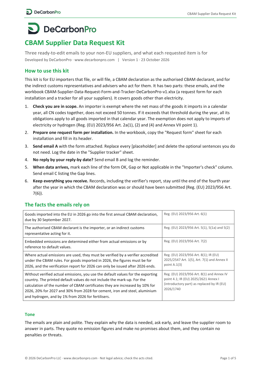 Page one of the supplier request emails in the CBAM Supplier Data Request Kit